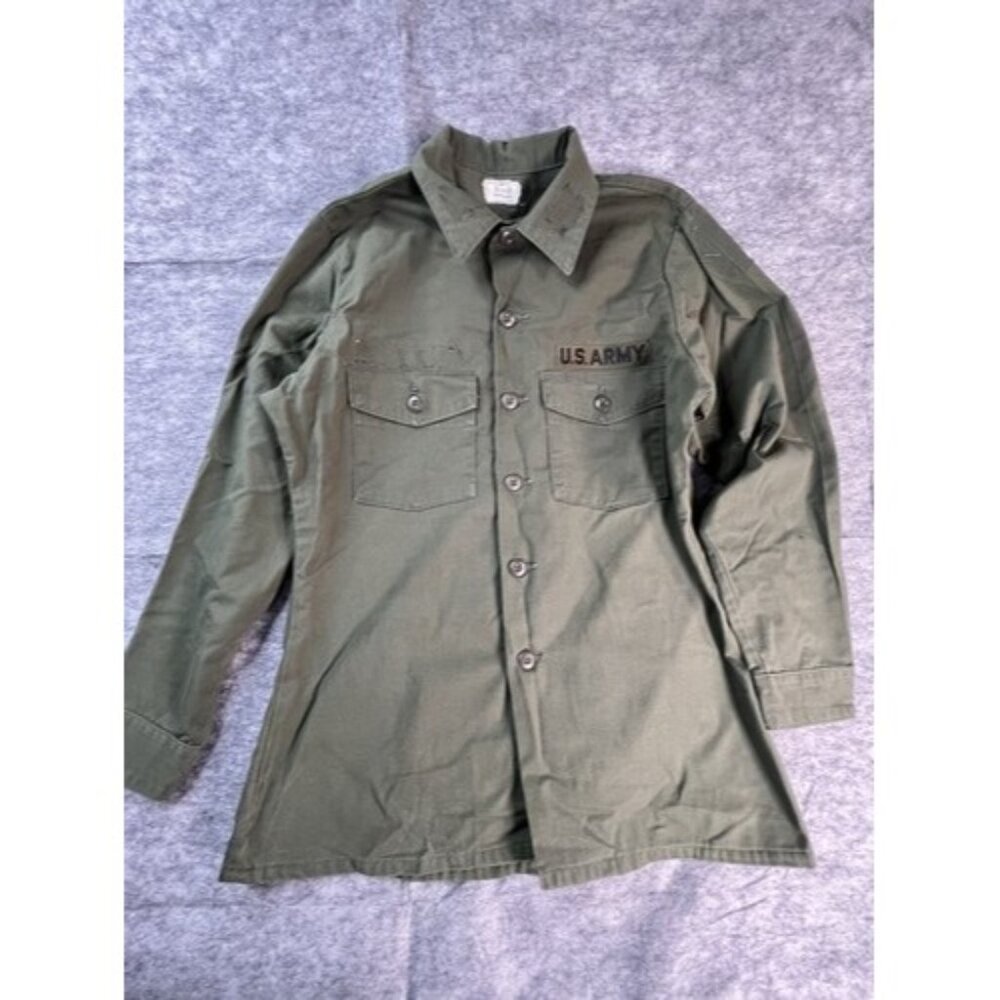 VTG Army Mens M‎ OD Green Shirt Button Front Work Shirt 15.5 x 33